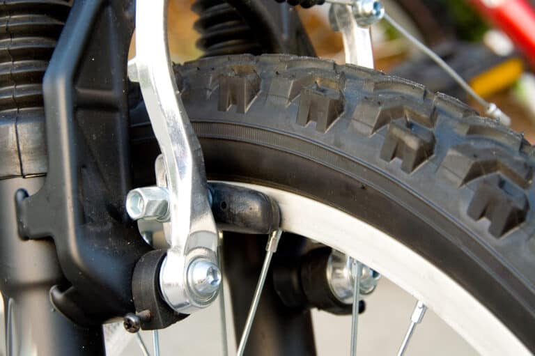 Close up of v brakes on a bike