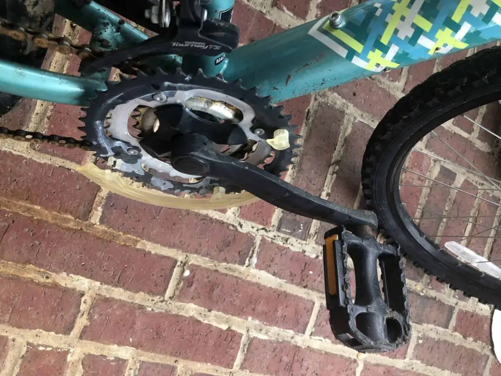 Chainring with crankset and pedal and loose chain on a bike